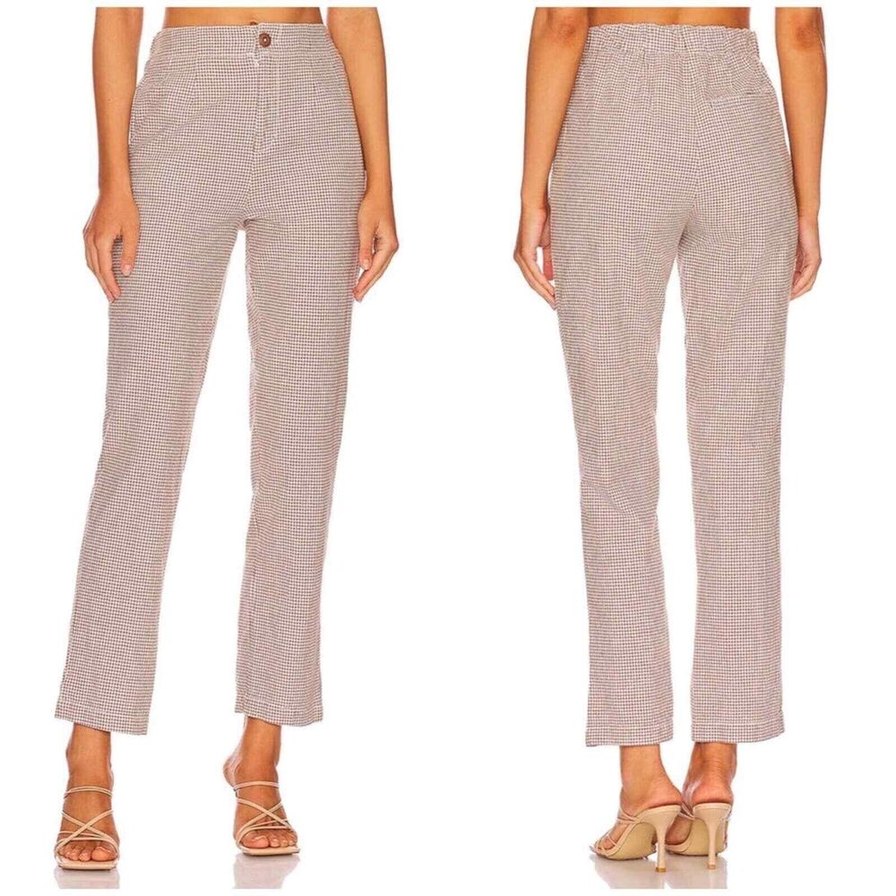 Free People Size M Kate Plaid Straight Leg Pant Brown & White Check